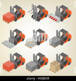 Icon forklift with variety of cargoes, isolated on white background. Flat 3D isometric style, vector illustration. Stock Vector