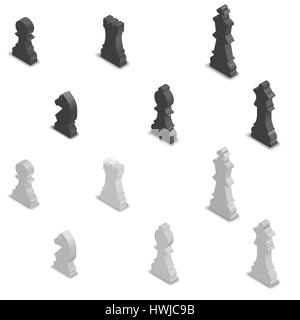 Photo realistic black and white chess pieces. 3D isometric style, vector illustration. Stock Vector