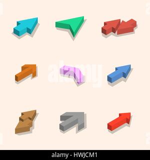 Multicolored arrows of various shapes with shadow, isolated on white background. Flat 3D isometric style, vector illustration. Stock Vector