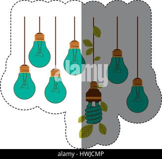 bulbs hanging with save bulb leaves icon Stock Vector
