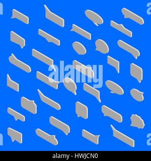 Speech bubbles of various shapes, isolated on a blue background. Flat 3D isometric style, vector illustration. Stock Vector