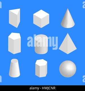 Simple geometric shapes, isolated on a blue background. 3D isometric style, vector illustration. Stock Vector