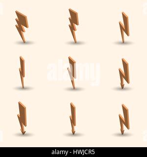 Lightning set with shadow isolated on white background. Flat 3D isometric style, vector illustration. Stock Vector