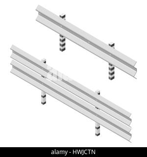 Steel road fence, isolated on white background. Design elements of the guardrails. 3D isometric style, vector illustration. Stock Vector