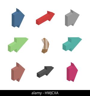 Multicolored arrows of various shapes, isolated on white background. Flat 3D isometric style, vector illustration. Stock Vector