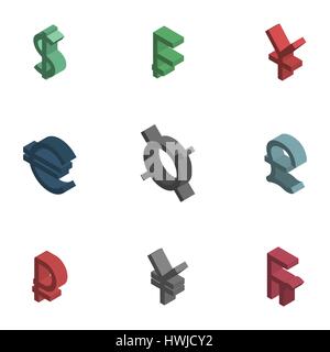 Symbols of the world leading currencies, isolated on a white background. Color business icons, flat 3D isometric style, vector illustration. Stock Vector