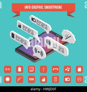 Set elements of infographics smartphone. 3D isometric style, vector illustration. Flat mobile icons. Stock Vector