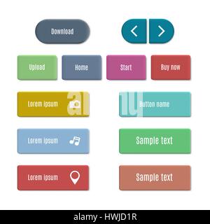 Stylish multicolored web buttons with 3d effect, isolated on white background. Design elements of website and interfaces, vector illustration. Stock Vector