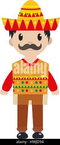 Mexican in a traditional suite icon flat, cartoon style. Man isolated on white background. Vector illustration, clip art. Stock Vector