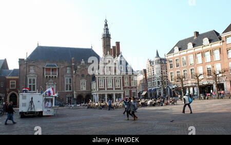 Central market square (Grote Markt) of Haarlem, Netherlands with 14th century City Hall (Stadhuis van Haarlem) Stock Photo