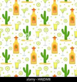 Cinco de Mayo seamless pattern with tequila and cactus. Mexican holiday endless background, texture. Vector illustration. Stock Vector