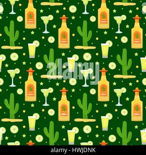 Cinco de Mayo seamless pattern with tequila and cactus. Mexican holiday endless background, texture. Vector illustration. Stock Vector
