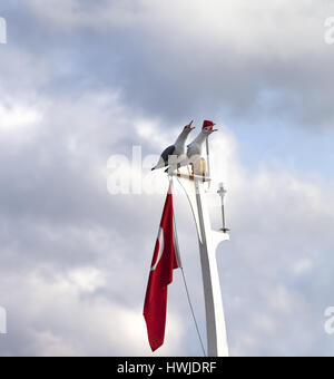 Two screaming seagulls on boat mast with Turkish flag at sun cloudy day Stock Photo