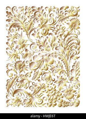 Doodle golden metallic floral hand draw pattern. Vector illustration. Cover template. Gold on white Stock Vector