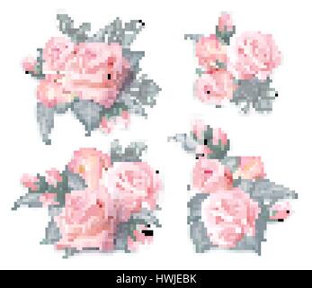 Vector set of bouquets with roses. Quality watercolor imitation of delicate pink roses. Can be used as greeting card, invitation card for wedding, bir Stock Vector