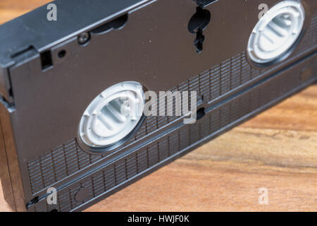 Video Cassette on Wooden Background
