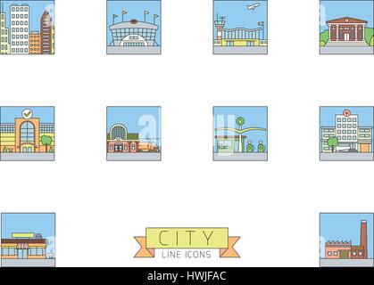 Variety of urban buildings and facilities square line icons with pastel color fill Stock Vector