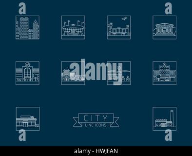 Variety of urban buildings  and facilities square line icons. Blueprint style. Stock Vector