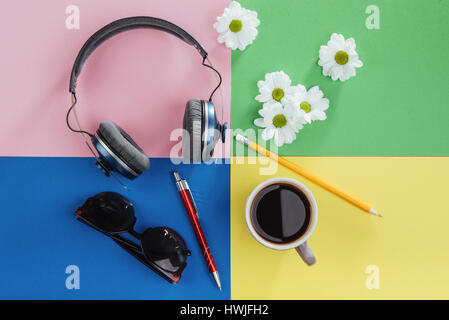 notebook, pencil, glasses coffee and fragrant white flowers Stock Photo