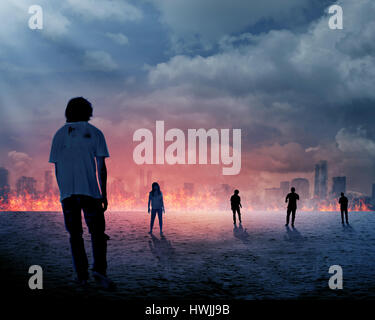 Group of zombie over burn city background. Halloween concept Stock Photo