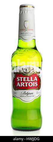 Bottle of Belgian Stella Artois Lager beer isolated on a white background Stock Photo