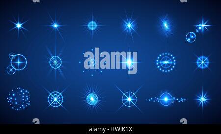Light effects set. Vector illustration of abstract glowing lights, flashes, lens flares, stars and sparkles for your design Stock Vector