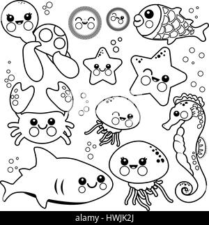 Sea animals coloring book page Stock Vector