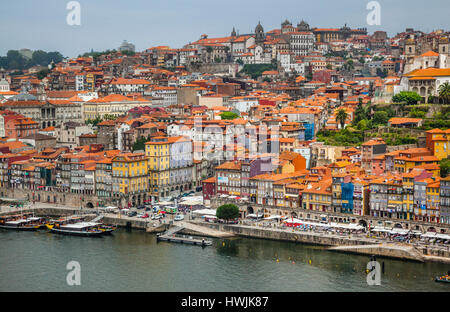 Portugal, Region Norte, Porto, view of the riverfront promenade Cais da Ribeira and Ribeira Square at historical part of Porto on the banks of Douro r Stock Photo