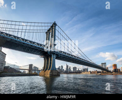 Manhattan Bridge and Manhattan Skyline seen from Dumbo in Brooklyn - New York, USA Stock Photo