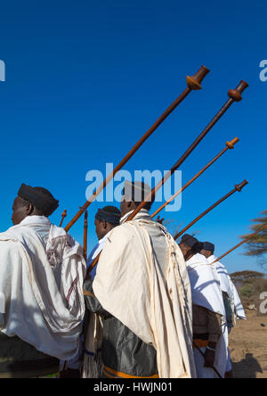 Borana tribe men with their ororo sticks during the Gada system ceremony, Oromia, Yabelo, Ethiopia Stock Photo