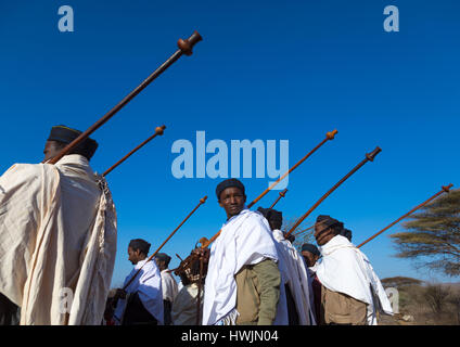 Borana tribe men with their ororo sticks during the Gada system ceremony, Oromia, Yabelo, Ethiopia Stock Photo