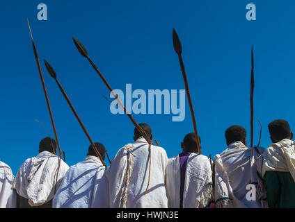 Borana tribe men with their ororo sticks during the Gada system ceremony, Oromia, Yabelo, Ethiopia Stock Photo