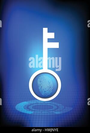 Vector : Key and finger print on blue technology grid background Stock Vector