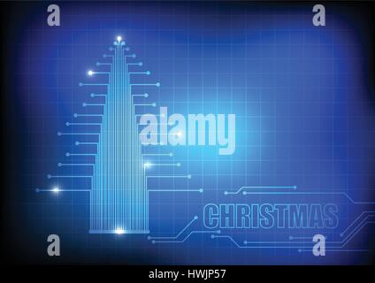 Vector : Electronic circuit in christmas tree on blue grid background Stock Vector