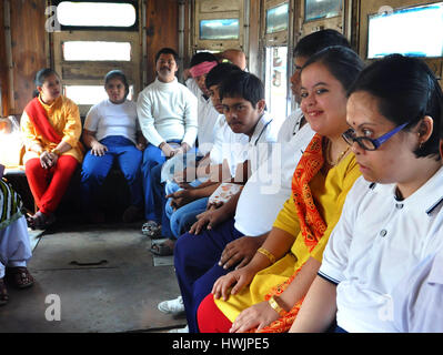 Kolkata, India. 21st Mar, 2017. Children with Down Syndrome rides a Tram during World Down Syndrome Day observation in Kolkata on March 21, 2017. The World Down Syndrome Day observes annually to raise awareness and create a global voice for their rights, inclusion and wellbeing with Down Syndrome. Credit: Saikat Paul/Pacific Press/Alamy Live News Stock Photo