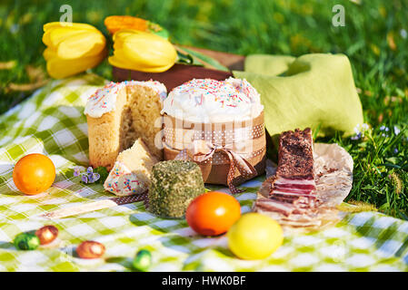 Easter cake and bright colored eggs gathered together with meat, treats and tulips on the lawn among the grass Stock Photo