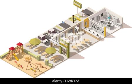 Vector isometric low poly fast food restaurant Stock Vector