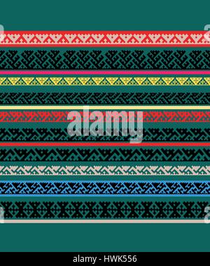Hand drawn Siberian folk geometric print with tribal motifs of mansi people in authentic colors. Vector ethnic ornament. Stock Vector