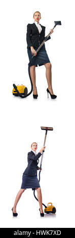 Businesswoman Cleaning With Vacuum Cleaner On White Stock Photo - Alamy