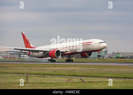 Air India Boeing 777 touching down at London Heathrow Airport, UK Stock Photo