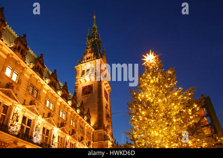 Hamburger Town Hall and Christmas Tree at dusk, Hamburg, Germany, europe Stock Photo