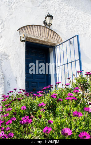 Spanish blue old entrance door with the open gate in white house, purple chrysantemum flowers in front Stock Photo