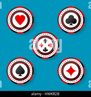 Icon set of casino chips symbols with cards suits Stock Vector