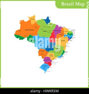 The detailed map of the Brazil with regions or states and cities ...