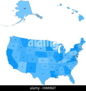 Detailed map of the United States, including Alaska and Hawaii. United States with each state abbreviation Stock Vector