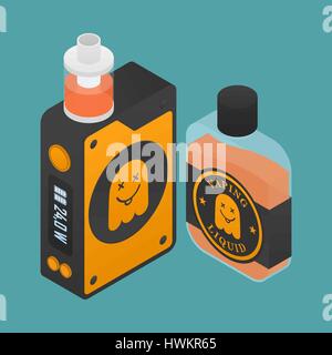 Isometric Icon of Vape device with ghost silhouette. Electronic cigarette with e-liquid bottle. Vector Vaping symbol. Box mod with Rebuildable tank at Stock Vector