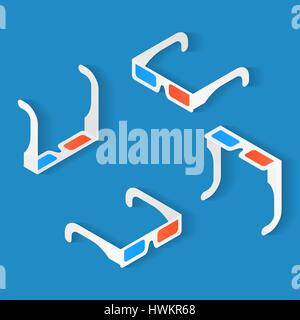 Isometric icon set of Anaglyph 3d glasses for watching movie. Top, bottom, left and right view Stock Vector