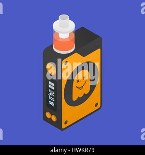 Isometric Icon of Vape device with ghost silhouette. Electronic cigarette with e-liquid. Vector Vaping symbol. Box mod with Rebuildable tank atomizer, Stock Vector