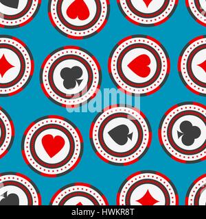 Seamless pattern of casino chips with card suits. Gambling vector backdrop. Endless background Stock Vector