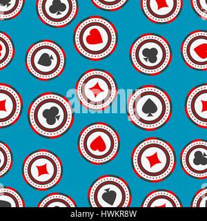 Seamless pattern of casino chips with card suits. Gambling vector backdrop. Endless background Stock Vector